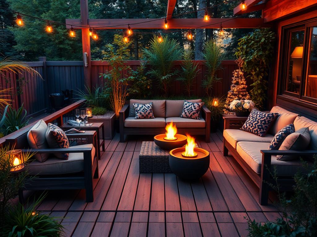 Gartenlounge in Koblenz mit Holzterrasse, Feuerschale und stimmungsvoller Beleuchtung