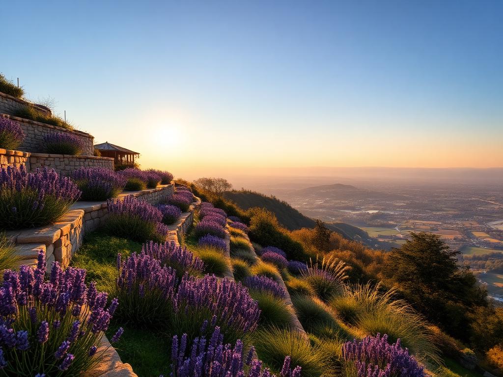 Terrassierter Hanggarten über dem Rheintal mit Natursteinmauern und Lavendel