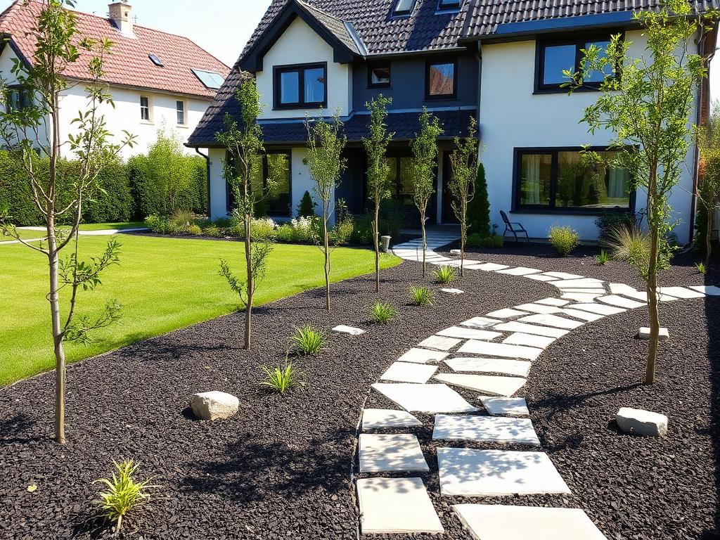 Neu angelegter Garten in Koblenz mit Natursteinweg, jungen Bäumen und frischen Beeten