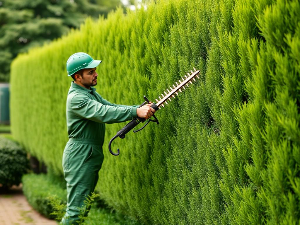Professioneller Heckenschnitt in Koblenz – Gärtner schneidet eine hohe Thuja-Hecke in Form